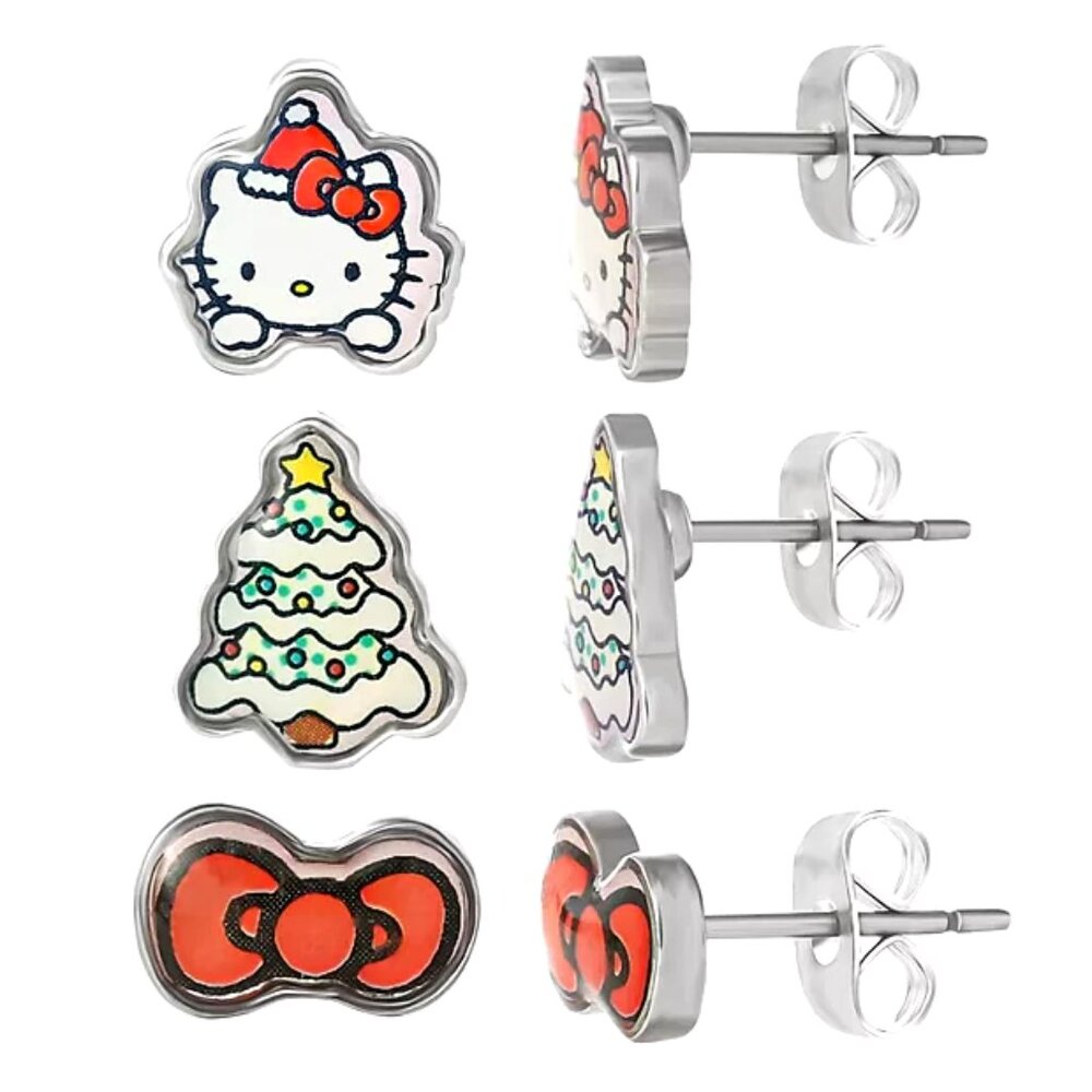 HELLO KITTY 3pc SET Christmas Silver-tone Enamel Stud Earrings**NEW!